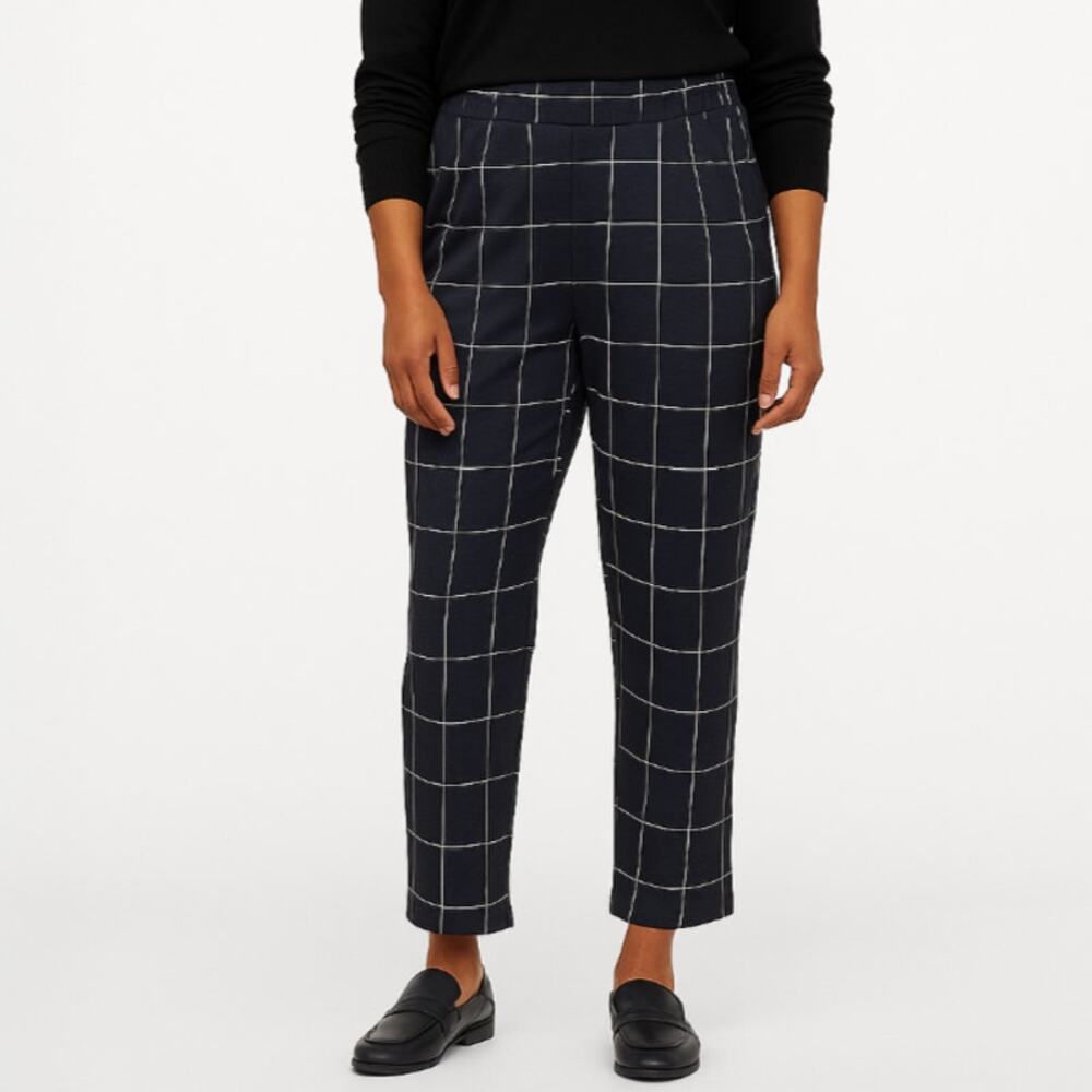 A293-B • Navy High-Rise Windowpane Plaid Knit Ankle Trousers
